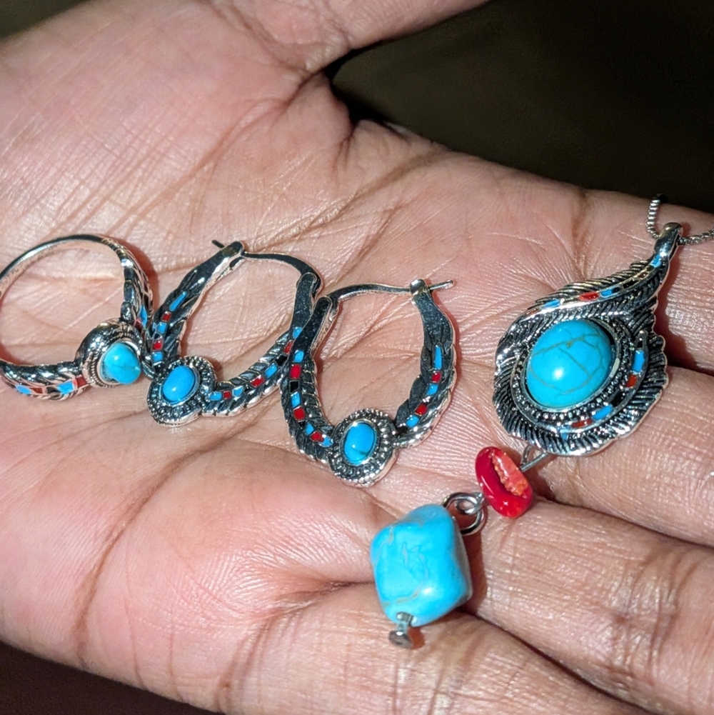 S925 Vintage ladies Feather boho style jewelry set